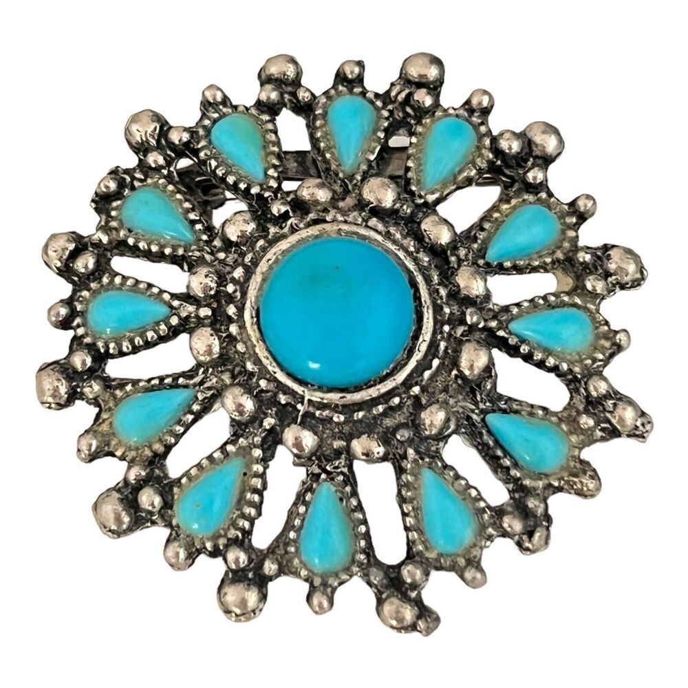 Vintage 1970s Turquoise Blue Cabochon Sunburst Brooch Silver Tone Pin - 7J